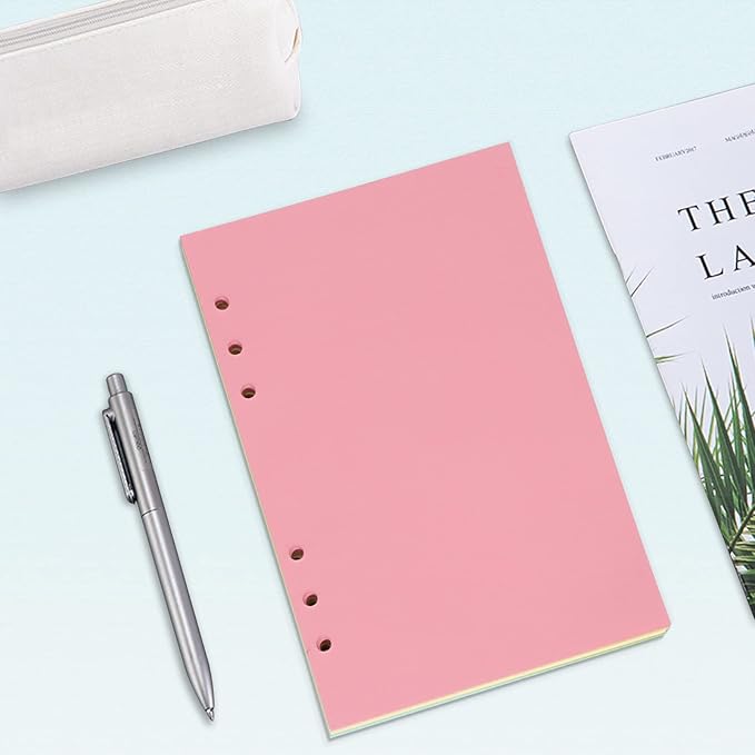 A6 Colorful Refill Paper, [5 Colors] Toplive 100GSM Thick Refillable Paper 6 Hole Filler Inserts Loose Leaf Paper 100 Sheets (200 Pages) for 6 Ring Binder Journal Notebook