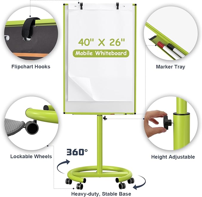 White Board on Wheels, 40x26 Inches Dry Erase Board with Stand, Magnetic Mobile Whiteboard, Portable Standing Dry Erase Board for Classroom, School, Office, Home, Teacher, with Flip Chart Paper