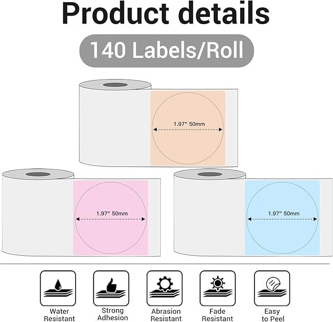 Phomemo M110 Round Labels, Self-Adhesive Thermal Label Stickers Compatible with M110 M120 M200 M220 M221 M150 M250 M260 M108 M100 Label Printer, Black Text on Color, 1.96" x1.96 (50x50mm), 3/Rolls