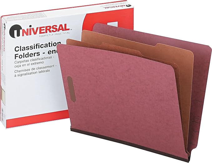 Universal End Tab Classfication Fastener Folder, Letter Size, 2 Dividers, 6 Fasteners, Red, Pack of 10
