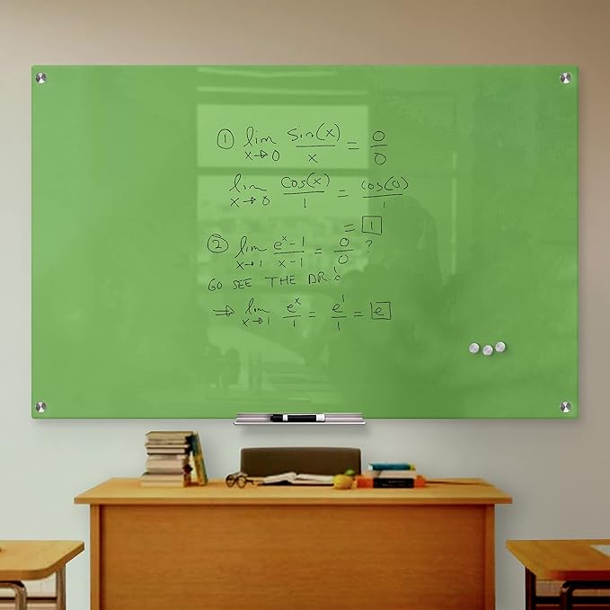 Green Surface Dry Erase Glass Board, Frameless Magnetic Glass Board for Wall (48" x 60") with Marker, Magnets, Marker Tray, Eraser for Office & Home by Fab Glass & Mirror