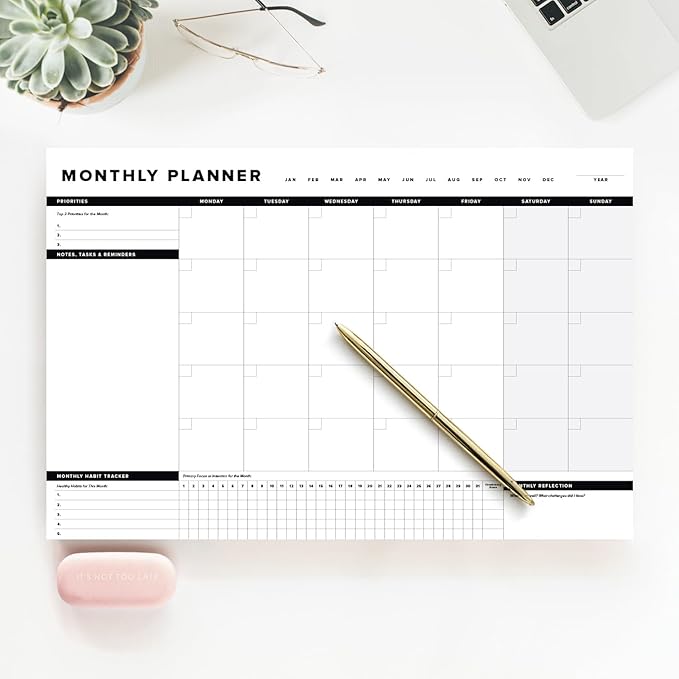 ThreeKin Onyx Monthly Planner - Premium 18-Sheet Tear-Off Notepad, 12 x 18 inches, Clean Design, Perfect for Work, School, Projects, and Entrepreneurs, Female & USA Owned Business