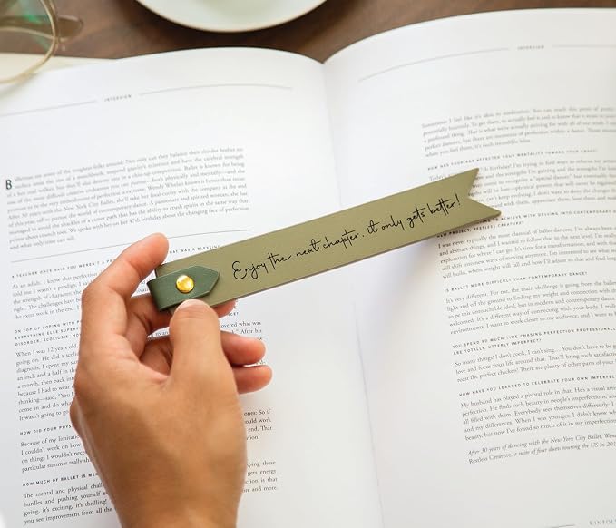 Engraved Leather Bookmark in Matcha - Enjoy the Next Chapter It Only Gets Better, Inspirational Gift for Graduation New College Student New Job Business Retirement