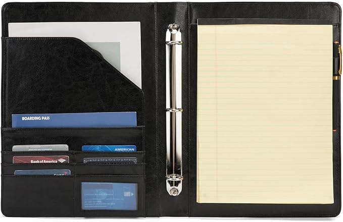 Personalized Vegan Leather 3 Ring Binder, Custom 8.5 x 11 Letter Size Folio with Pen Holder, Soft Notebook Portfolio Cover, Notepad Padfolio Organizer for Meeting, Black