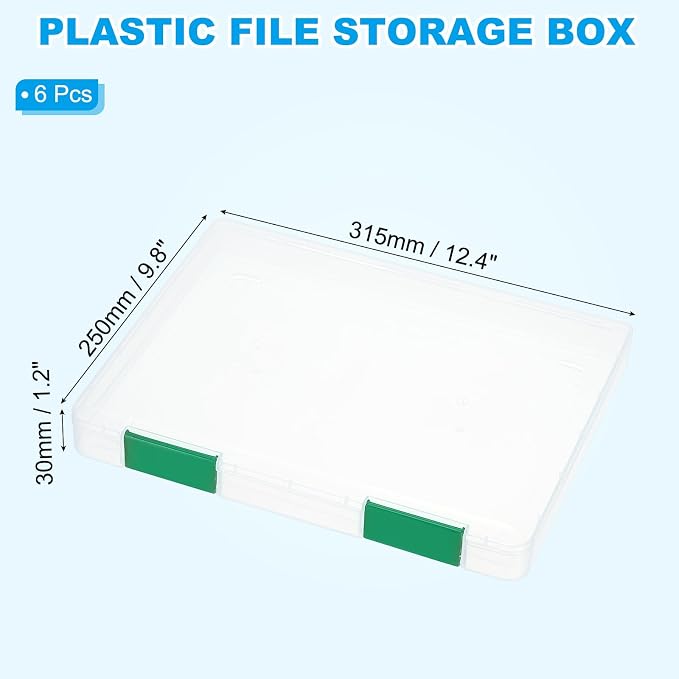 PATIKIL Clear A4 File Portable Project Case with Buckle Plastic Storage Box for 8.5" x 11" Letter Paper Scrapbook Paper Storage Boxes, 6Pcs, 12.4"x9.8"x1.2", Dark Green