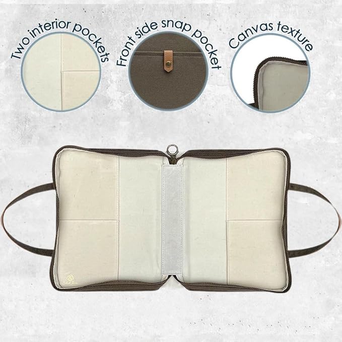 Bible Cover for Women Canvas Case with Leather Handles, Purse Style Bible Bag with Zippered Closure and Snap Pocket (Olive Green, Medium and Large Bibles)