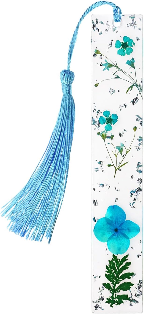 Penta Angel Dried Flower Resin Bookmarks Handmade Clear Pressed Floral Page Markers with Silky Tassel Reading Gift for Women Adults Graduation Valentine’s Day Christmas (Lake Blue)