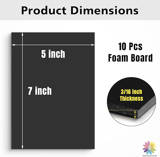 Mat Board Center Premium Black Foam Core Board - 5x7 Inches 3/16" Thick - 10 Pack - Acid-Free - Ideal for Mounting, Crafts, Art, and Presentations