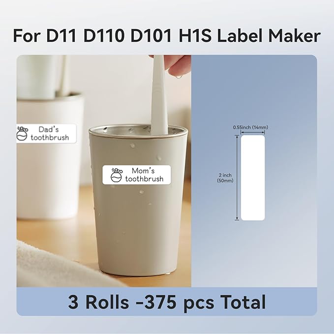 NIIMBOT D11 Label Maker Tape D110 Labels 3Rolls, Self-Adhesive Labeling Tape Replacement 0.55" X 1.97" (14 X 50mm) Thermal Label Refills for Home Office, 125 Labels/Roll, White