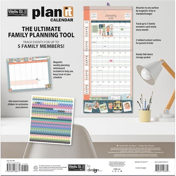 WSBL Mom’s 2026 Plan-It Plus Calendar – 17-Month Organizer (Aug 2025–Dec 2026) with Magnetic Whiteboard, 400+ Reminder Stickers & Family Artwork, 12"× 12"