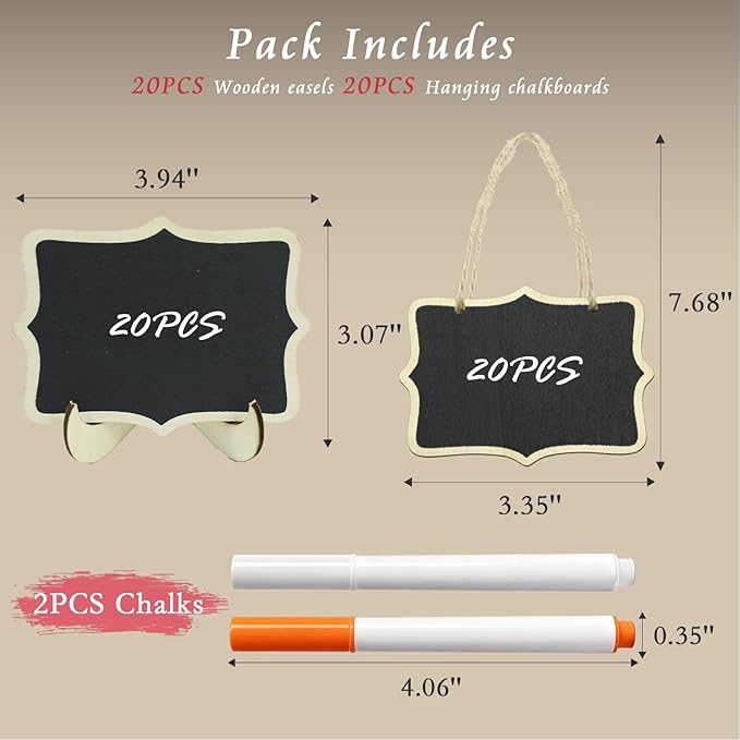40 Pack Mini Chalkboard Signs - 20 Easel Stand & 20 Hanging Tags with 2 Markers, Wooden Food Labels for Buffet, Party, Wedding, Place Cards, Table Numbers Decor