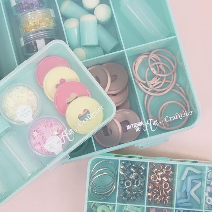Craftelier - Organizing Box with 10 Compartments for Scrapbooking and Craft Materials | Dimensions 26.5 x 17.8 x 4.2 cm (10.4“ x 7” x 1.65") - Turquoise and Transparent Color