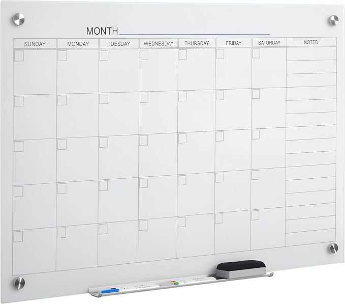 Vinsetto 35"x23" Dry Erase Wall Calendar Glass Whiteboard Monthly Planner for Homeschool Supplies & Home Office Organization with 4 Markers and 1 Eraser,Frameless