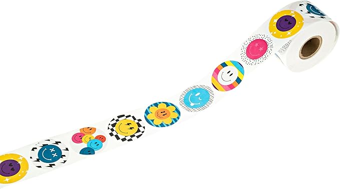 Retro Smiley Face Stickers / 500 Colorful Round Labels Roll / 1.5" Circle Happy Face Sticker / 8 Nostalgic Y2K Bright Designs/Made in The USA