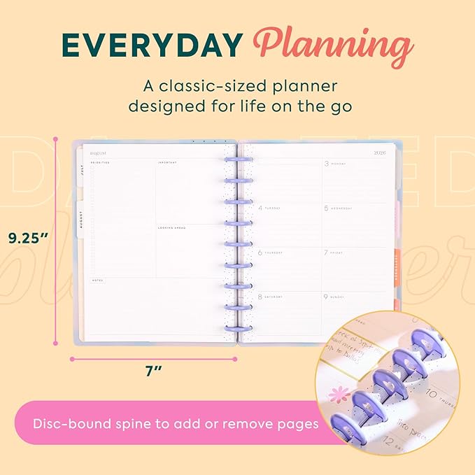 Happy Planner Disc-Bound Planner July 2026–June 2027, Includes 3 Extra Months and 2 Sticker Sheets, Classic Size, 7" x 9.25", Dashboard Layout, Blurred Fleurs