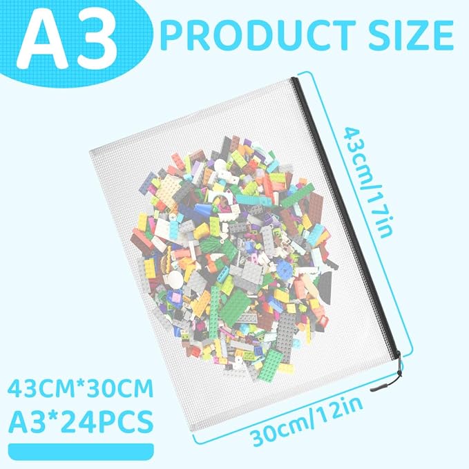 YOPCDJ 24pcs Mesh Zipper Pouch Bags, Large A3 17x12 Inches Reusable Bags Puzzle Storage Organizer Black Multipurpose for Travel Board Games School Office Supplies and Home Classroom Organization