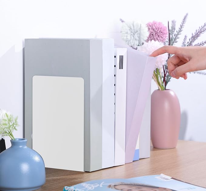 Beeveer 6 Pairs Metal Bookends Book Stopper for Shelves Office Book Holder Library Bookend for Heavy Books Desk Home Bookshelf School (White)