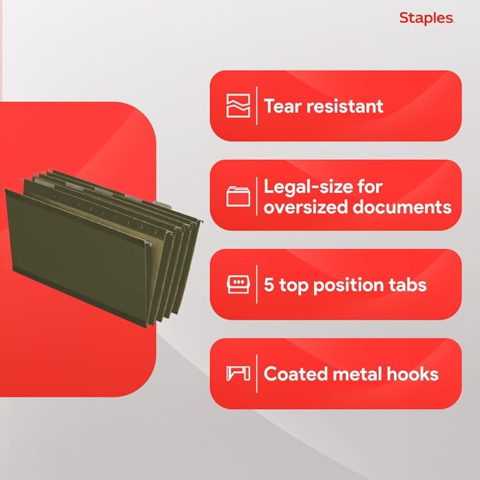 Staples Hanging File Folders, Legal Size, Straight‑Cut Tabs, Standard Green, Durable Filing Solution – 25/Box