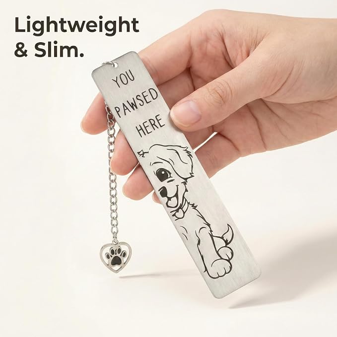 Dog Bookmark, Stainless Steel Metal Bookmark with Paw Charm, Engraved “You PAWSED HERE”, Cute Puppy Book Marker Gift for Dog Lovers & Dog Moms