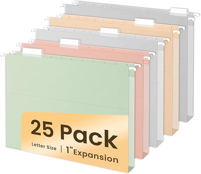 SUNEE Hanging File Folders Letter Size, Pastel Colors, 25 Count Letter Size File Folders with 1/5-cut Tabs, Heavy Duty 1 Inch Expansion, Stay Organized for Your Home and Office Bulk File