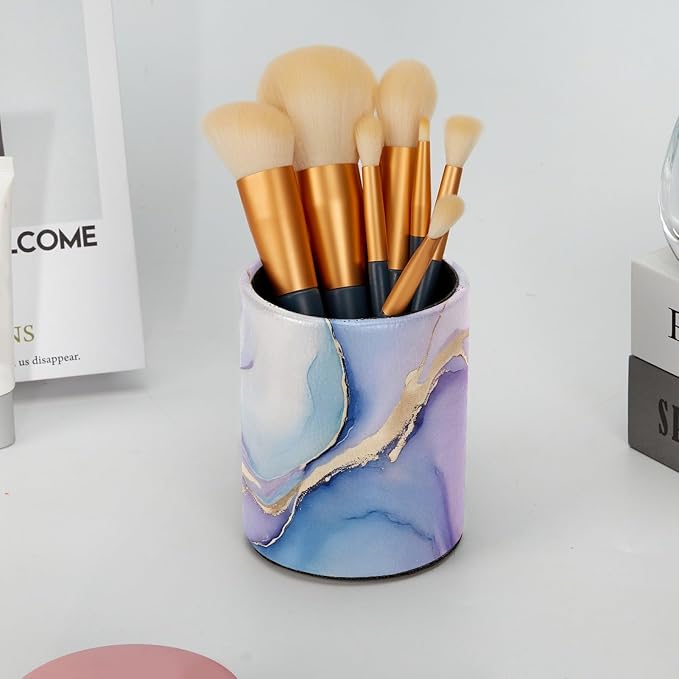 Leather Pen Holder for Desk, Pink Blue Marble Makeup Brushes Holder Pencil Cup Multifunctional Desktop Organizer Caddy for Home School Office Desk Accessories