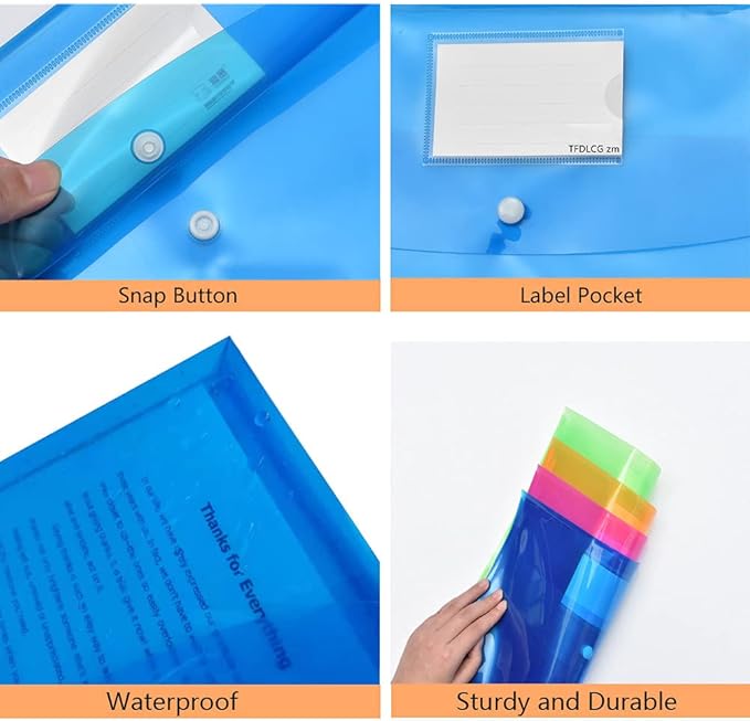 5 Pack Plastic Envelopes,Large-Capacity Colored Clear Folders for Documents File Folder,TFDLCG zm Poly Envelopes with snap Closure,A4 Letter Size(13"×9.5") for School Home Office,Assorted Colors