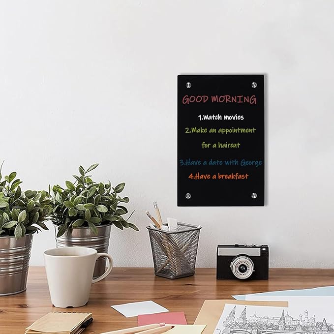 Okydoky Black Glass Dry Erase Whiteboard, 8"" x 12"" Frameless Glass White Board for Home,School,Office,Black Surface（Glass BB-BK-2030）