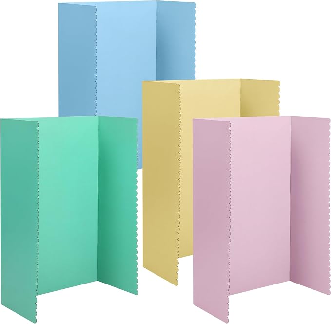 Mooliwe 4 Pack 48" X 36" Trifold Poster Board, Large Tri Fold Boards Foldable Corrugated Presentation Display Paper Scalloped Borders for Science Fair Events, School Projects, Exhibitions(Macaron)