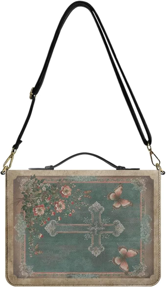 Bible Case for Women, Green Bible Case with Strap and Handle, Boho Crucifix Print Waterproof PU Leather Book Holder with Inner Pockets and Pen Loop, Biblia Accessories Women, XL