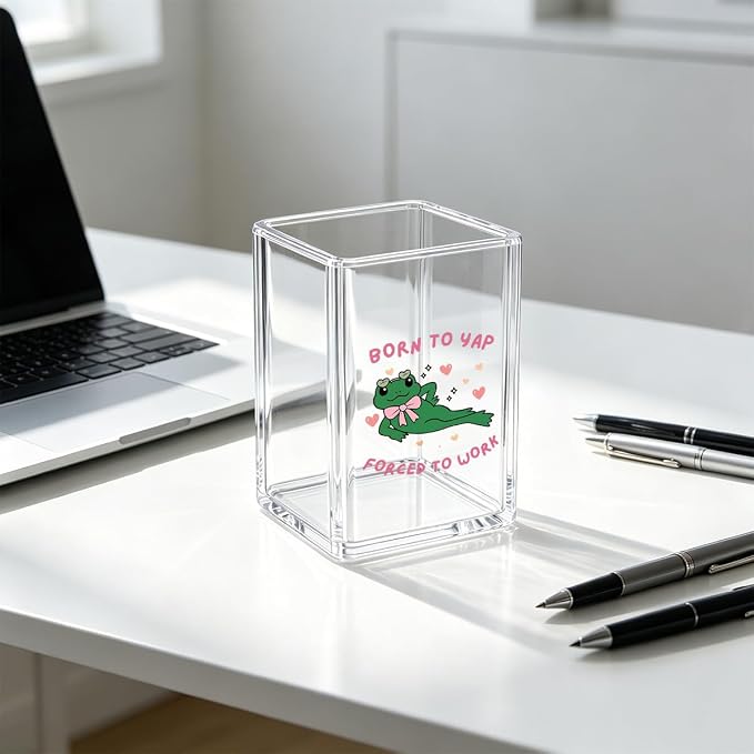Funny Frog Pen Holder for Desk - Born To Yap Forced To Work - Clear Acrylic Makeup Brush Holder, Cute Aesthetic Office Decor, Relatable Coworker Gag Gift, Sarcastic Desk Accessories for Women