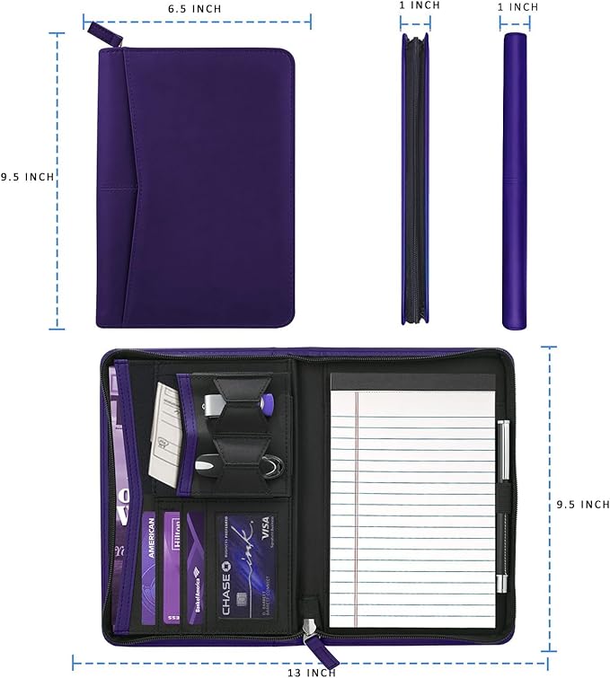Junior Padfolio Portfolio with 5 x 8 Writing Pad, A5 Business Portfolio Binder Folder Organizer Multi-Function Combination Case for Men Women, Dark Purple