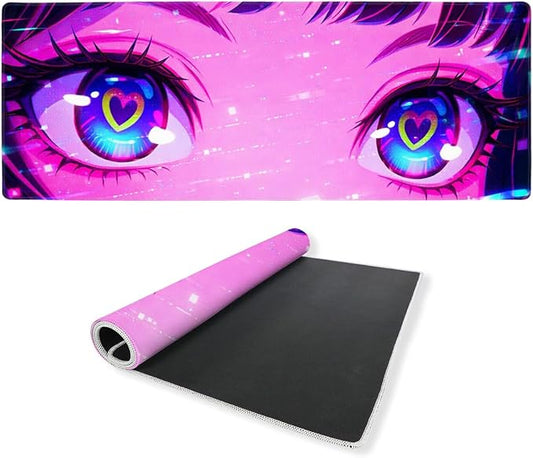 Anime Girl Desk Mat 35.4 x 15.7 Inches Kawaii Heart Eyes Neon Gaming Mouse Pad with Non-Slip Rubber Base, Smooth Cloth Surface Desk Keyboard Mat for Computer, PC, Laptop, Desktop