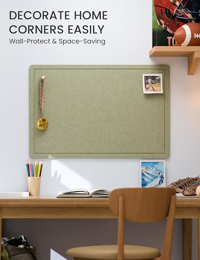 Fluxynara Bulletin Board,35.4" x 23.6" Cork Board Alternative with 12 Safe Removable Adhesive Tabs, Foldable Felt Pin Board for Home Office, Classroom, Bedroom,Entryway for Walls—Sage
