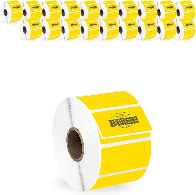 HOUSELABELS 2" x 1" Yellow Barcode Labels on 1" Core Compatible with Zebra and Rollo Printers, 20 Rolls / 1,300 Labels per Roll
