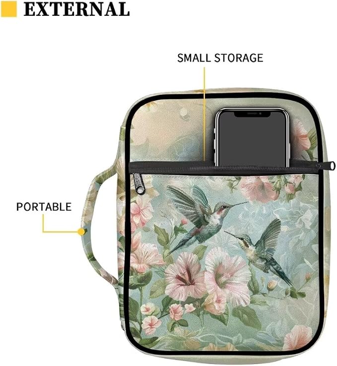 Coldinair Hummingbird Floral Bible Covers for Women Carrying Book Bible Case Church Bag Bible Protective with Handle & Zippered Pocket