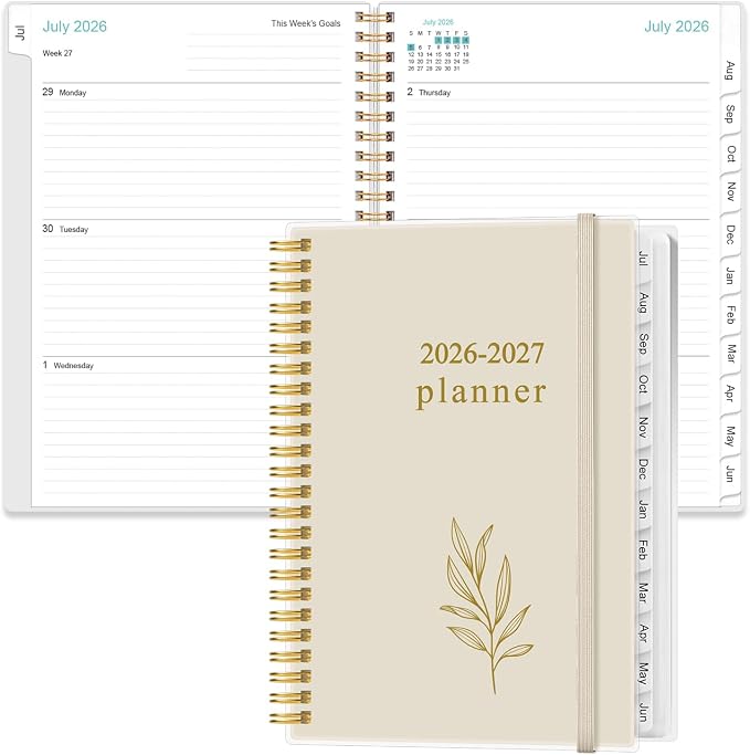 2026-2027 Planner - Planner 2026-2027 from July 2026 to June 2027, Weekly & Monthly Planners Spiral Bound with 12 Monthly Tabs, Inner Pocket, 6.4" x 8.5", Beige