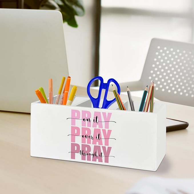 Pink Christian Bible Pen Pencil Holder Organizer for Desk Accessories, Pray on Over Through It Wooden Box Sign Desk Decor for Home Office Decoration, Christian Gifts for Women Men