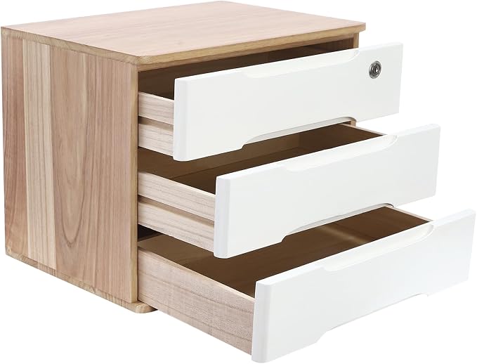 3-Tier Desk Organizer with Lockable Drawers,1 Locks & 2 Keys, Categorized Storage Desktop File Cabinet,Wooden Desktop Storage Box (Wood Color, White)