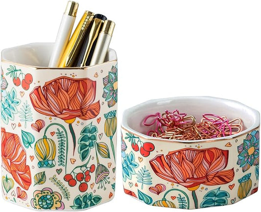 Aesthetic Desk Organizer Set of 2 For Office, Pen Holder and Paper Clip Holder Dispenser, Ceramic Cute Pencil Cup for Desk, Desktop Accessories, Office Decor, Ideal Gifts for Women, Mom (Flower)
