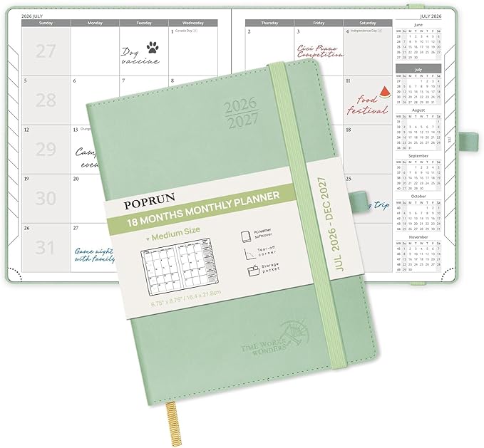 POPRUN Monthly Planner 2026-2027 (Medium- 6.5'' x 8.5'' Soft Cover), 18-Month Calendar Book (Jul.2026-Dec.2027), Calendar Planner with Monthly Tabs & Pocket, 100 GSM Paper - Celadon Green
