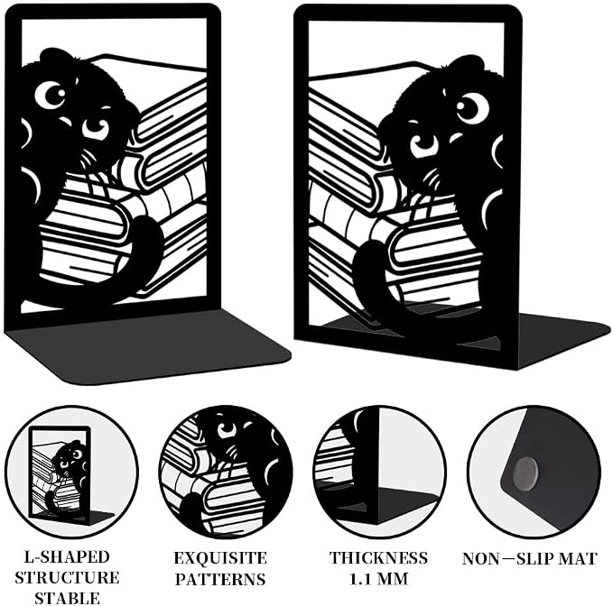 Nonskid Thickening Iron Metal Bookends for Shelves, Cute Peeping Cats Book Shelf Book Ends Decorative for Library School Office Home Study Desk Organizer Decorative Books