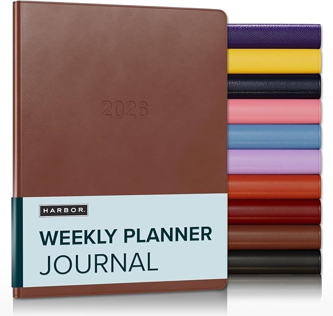 Harbor Weekly Journal Notebook Planner 2025-2026 - Lined, Durable Faux Leather, Softcover, 176 Quality Pages - For Men and Women, For Writing, Work & Travel - Cambridge Cognac - 9x7"