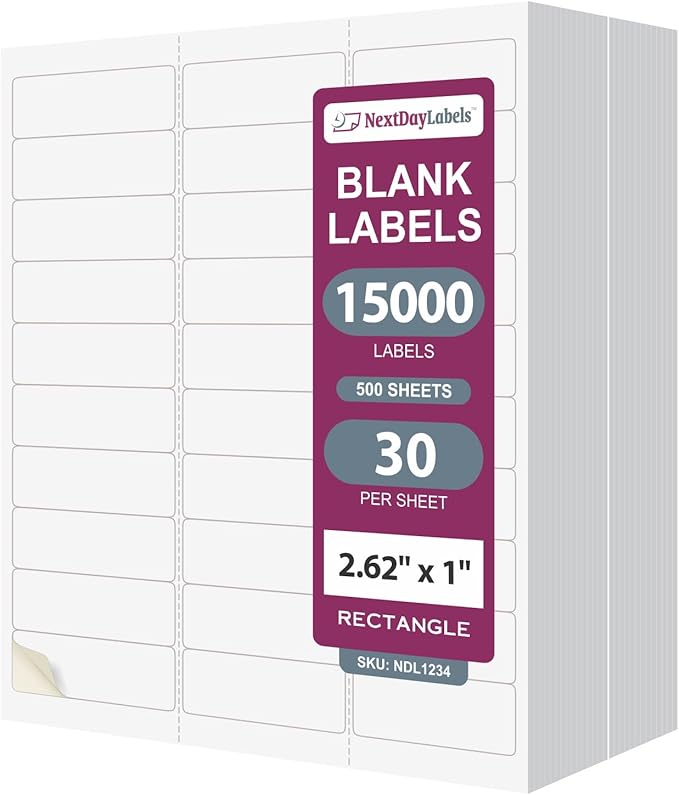 NextDayLabels 2.63x1 Inch Rectangle Stickers White Blank Labels for Laser Inkjet Printer - 30 Per Sheet Self-Adhesive Address Mailing Name Tags Made in USA - 15,000 Labels