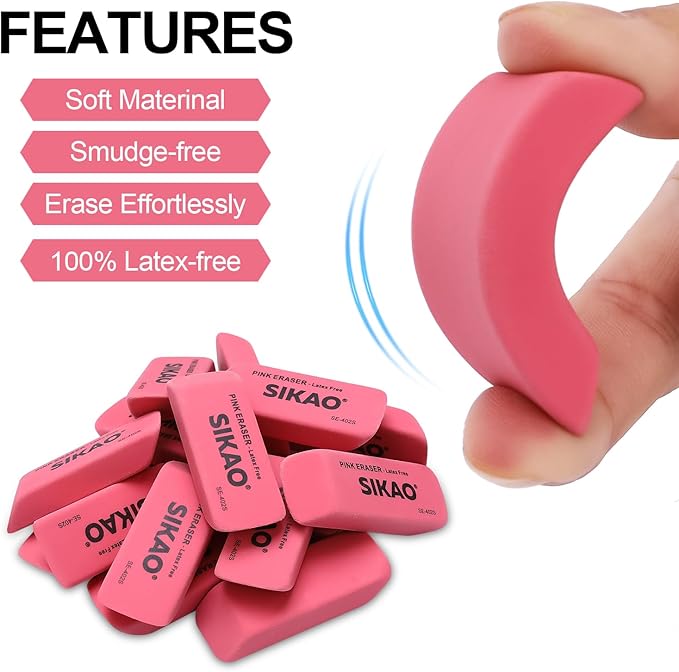Erasers, 60 Pack Pink Pencil Erasers for Kids, Beveled Non-Smudge Bulk Erasers for Pencils, Latex-Free for Pencils, Rubber for Classroom Teachers, Art Drawing & School Supplies