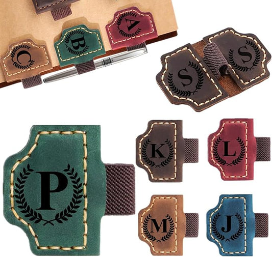 Custom Bookmark with Pen Holder with 26 Letters Personalized Magnetic Leather Book Mark, Customized Name Book Marker Clip with Initial for Men Women, Gifts for Book Lovers, Readers, (Green, P)