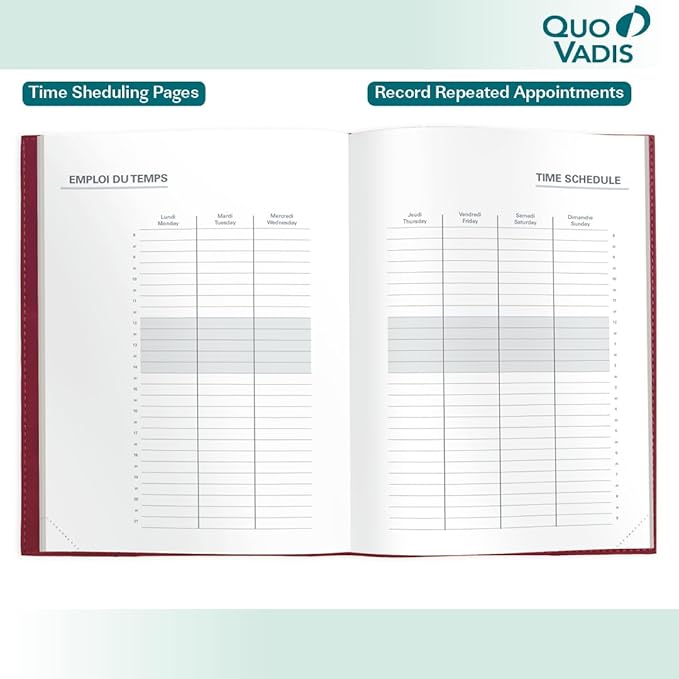 Quo Vadis 2026 Note - Bi-Lingual (EN/FR) - Weekly/Monthly Planner - 16 Months, Sept. 2024 to Dec. 2026 - 6" x 8 1/4" - Grained Faux Leather Billy Blush Cover - A Modern Design for Journaling and Detailed Planning