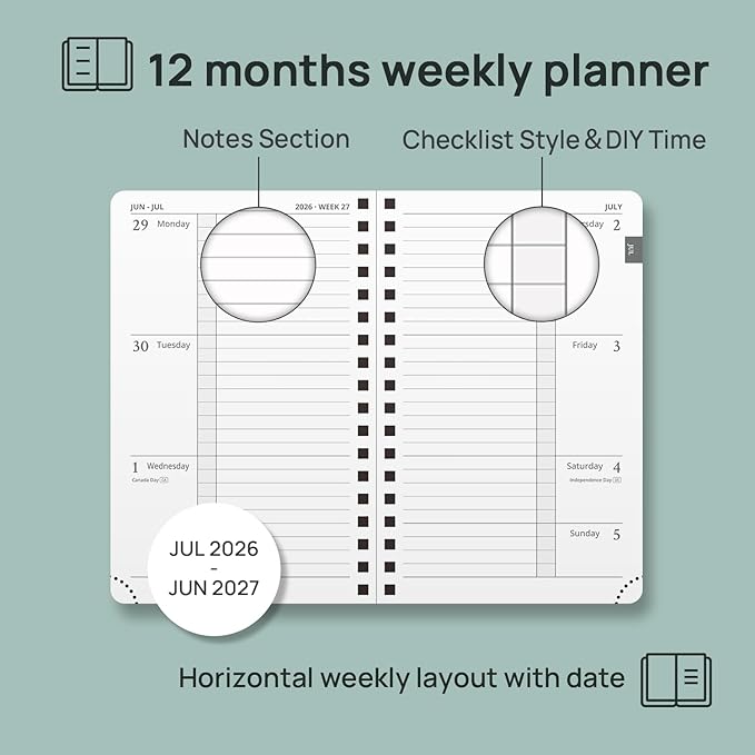 POPRUN 2026-2027 Academic Small Weekly Planner, 4" x 6.25" Pocket Calendar for purse, Horizontal Daily Calendar from July 2026 to June 2027, Softcover Appionment Book with Monthly Tabs, Spiral Bound, Inner-Pocket - Soft Pink