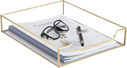 BTSKY 1 Pack Golden Glass Desk Tray, Multi-Purpose Organizer for A4 Paper, Documents, Desk Supplies, Makeup, Clear File Tray with Metal Frame, Stackable Decorative Storage for Home Office Vanity