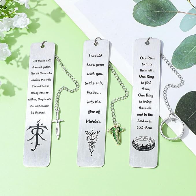 3Pcs Fantasy Bookmark Set - Metal Bookmarks with Elvish Leaf Pendant, Sword Charm & Evenstar Engraving, Epic Quotes Carved Jewelry for Book Lovers, Dark Academia Gifts for Readers (3Pcs-Silver)