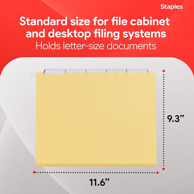 Staples Hanging File Folders, Letter Size, 1/5‑Cut Tabs, Assorted Colors, Adjustable Tabs with Paper Inserts – 25/Pack